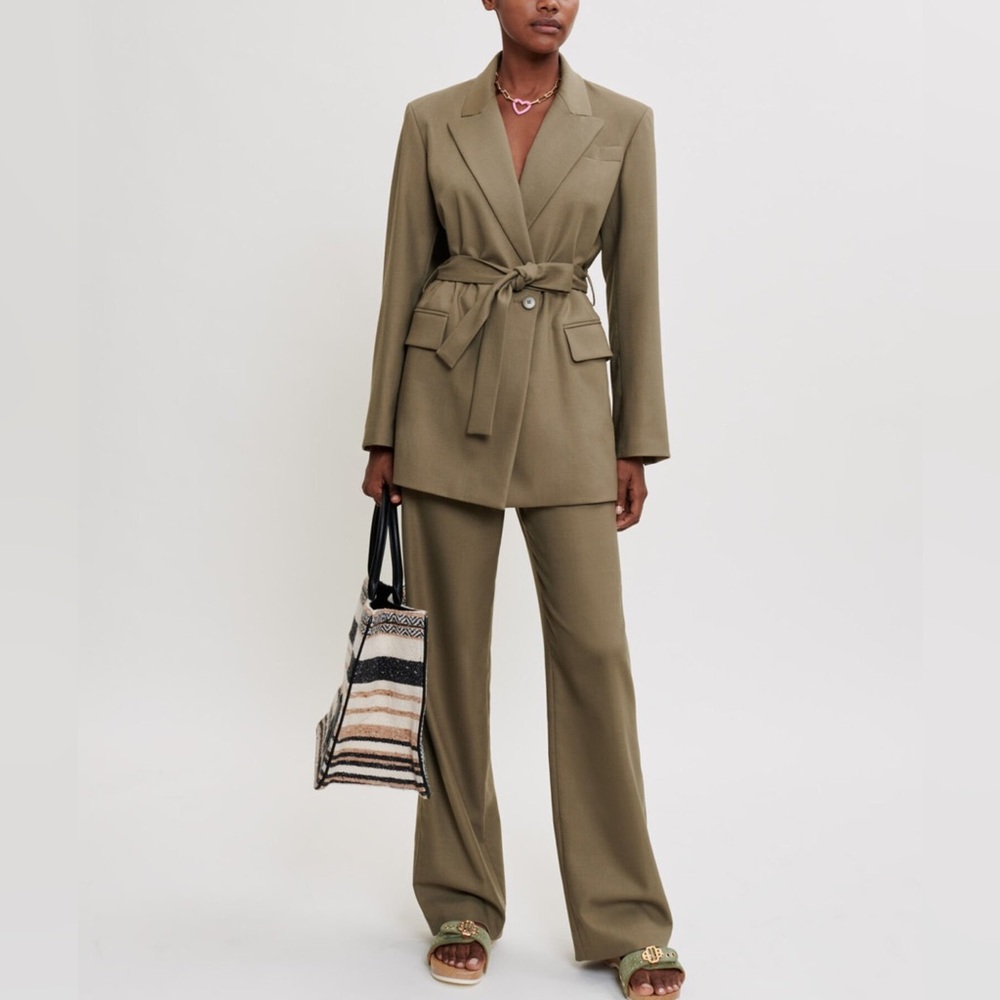 Maje Oversized Belted Khaki Blazer